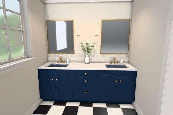 3D design of a navy double vanity with two sinks, brass knobs, a marble top and zellige tile