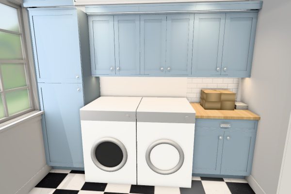 3D design of a laundry room with a washer and dryer under powder blue cabinets, a butcher-block counter and a tall cabinet