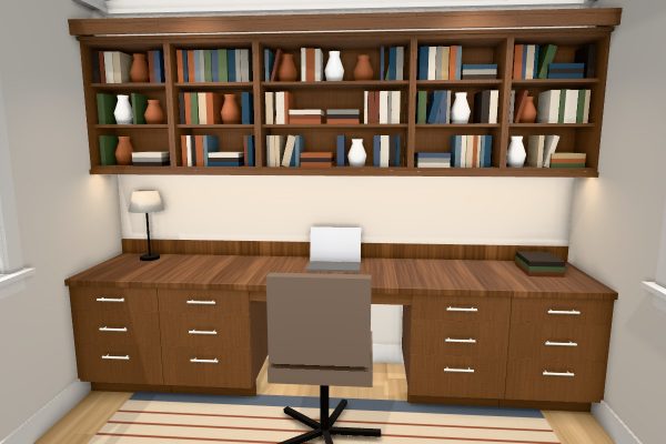 3D design of a walnut home office wall with a desk, drawers on both sides and open shelves above